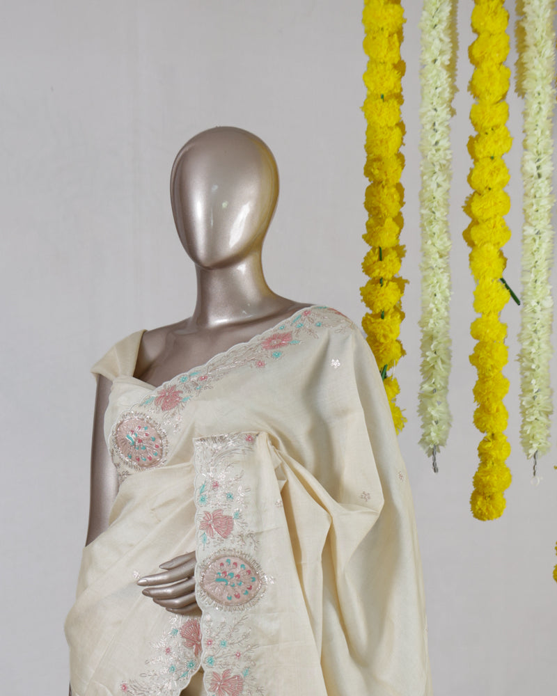 Ivory Blossom Embroidered Onam Saree