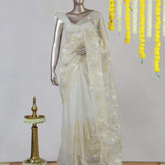 Off White Organza Appliqué Floral Embroidery Onam Saree