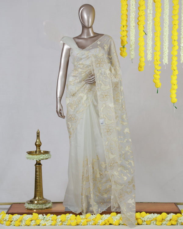 Off White Organza Appliqué Floral Embroidery Onam Saree