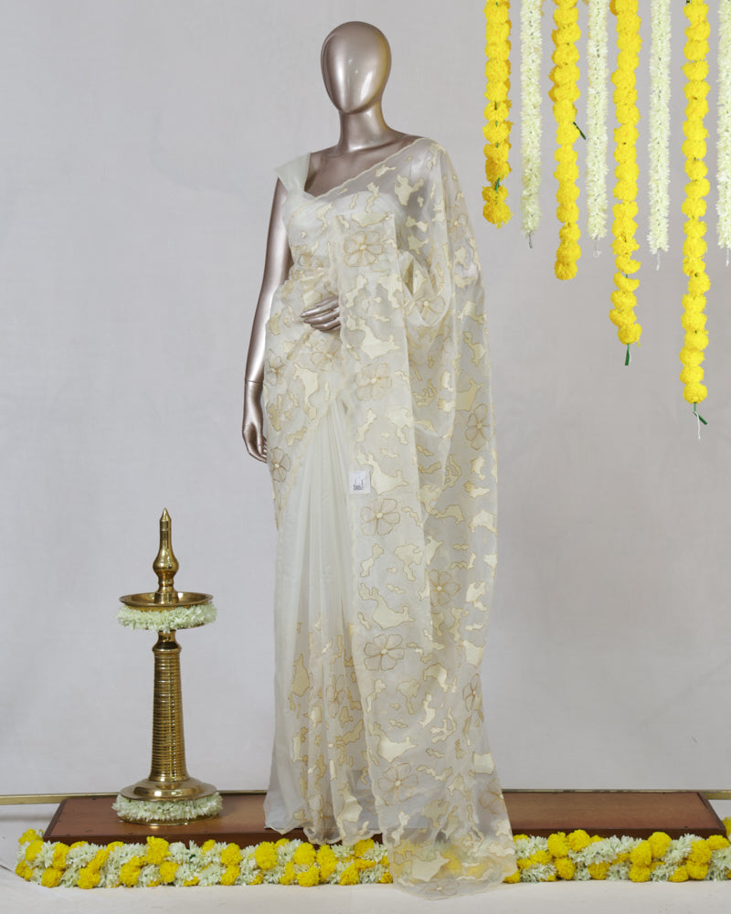 Off White Organza Appliqué Floral Embroidery Onam Saree