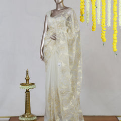 Off White Organza Appliqué Floral Embroidery Onam Saree