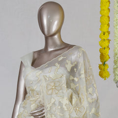 Off White Organza Appliqué Floral Embroidery Onam Saree
