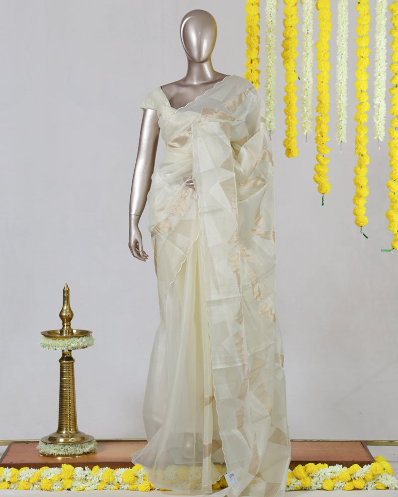 Ivory Geometric Patchwork Onam Saree