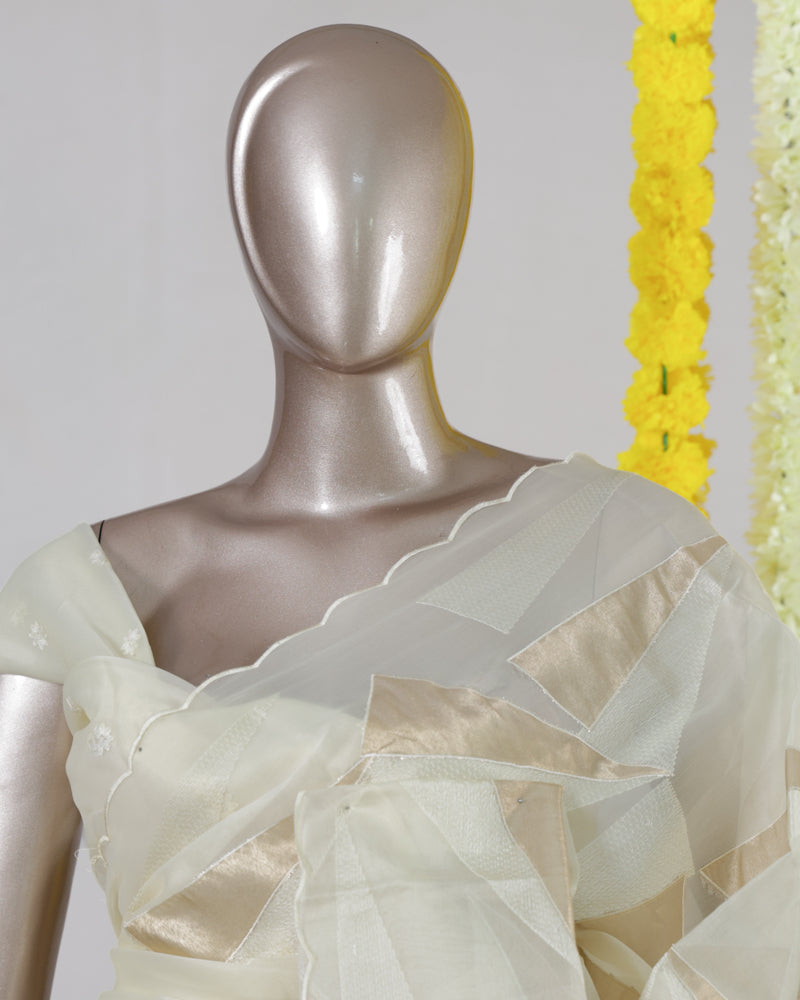 Ivory Geometric Patchwork Onam Saree