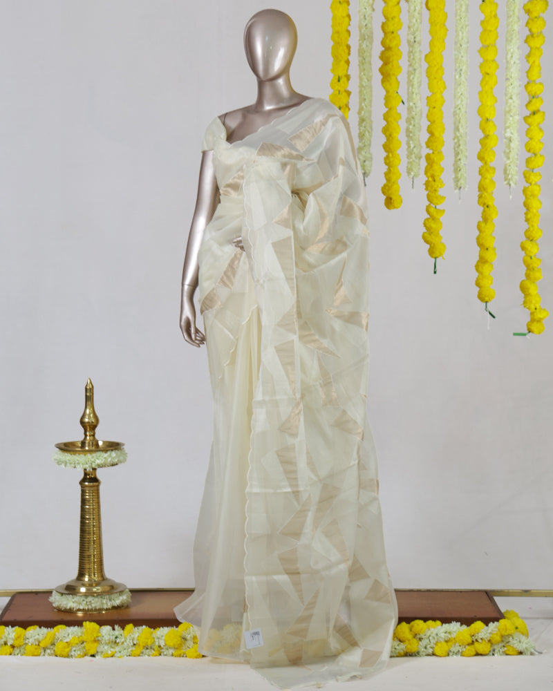 Ivory Geometric Patchwork Onam Saree