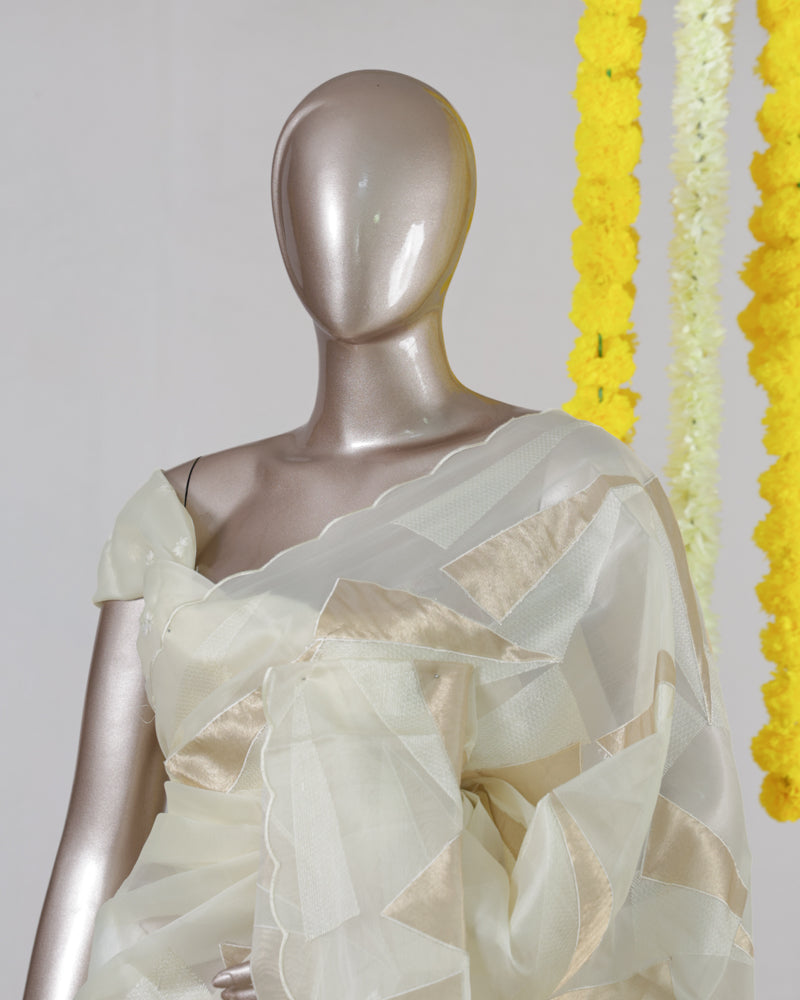 Ivory Geometric Patchwork Onam Saree