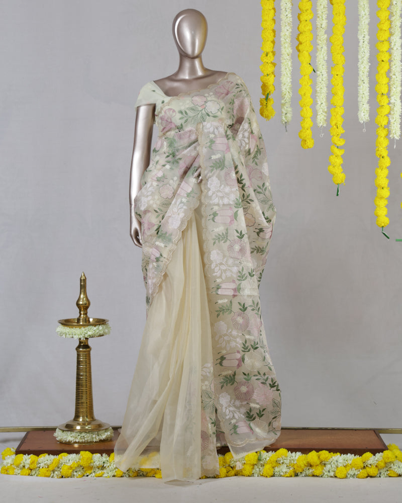 Ivory Pastel Floral Embroidered Saree