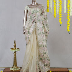 Ivory Pastel Floral Embroidered Saree