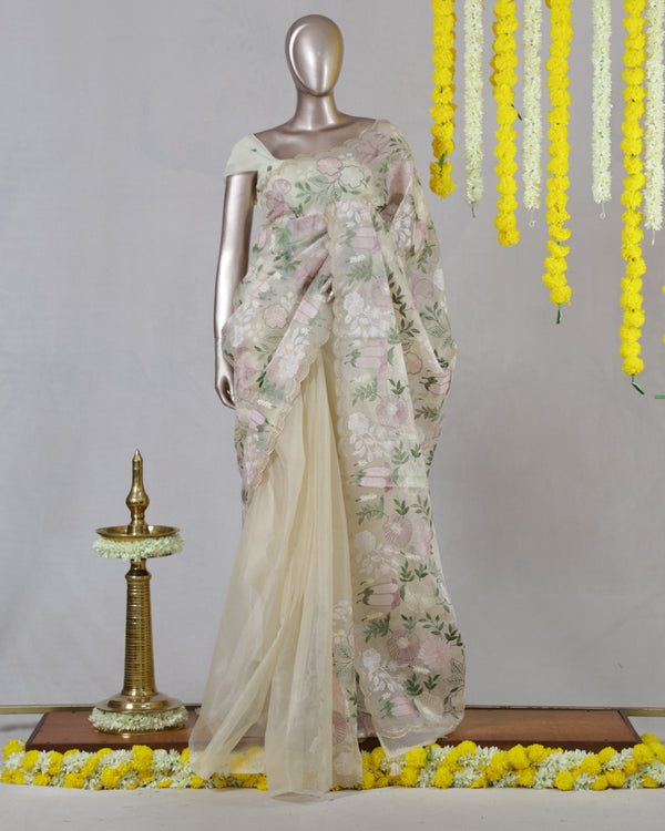 Ivory Pastel Floral Embroidered Saree