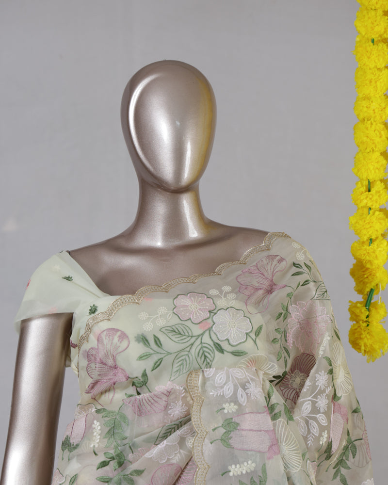 Ivory Pastel Floral Embroidered Saree