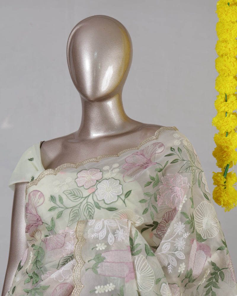 Ivory Pastel Floral Embroidered Saree