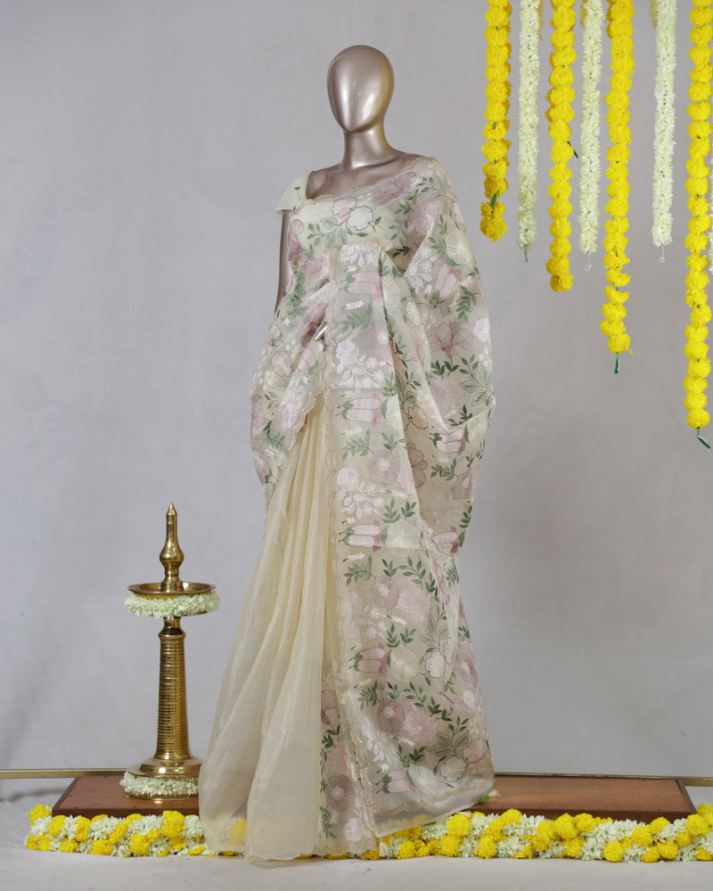 Ivory Pastel Floral Embroidered Saree