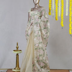 Ivory Pastel Floral Embroidered Saree