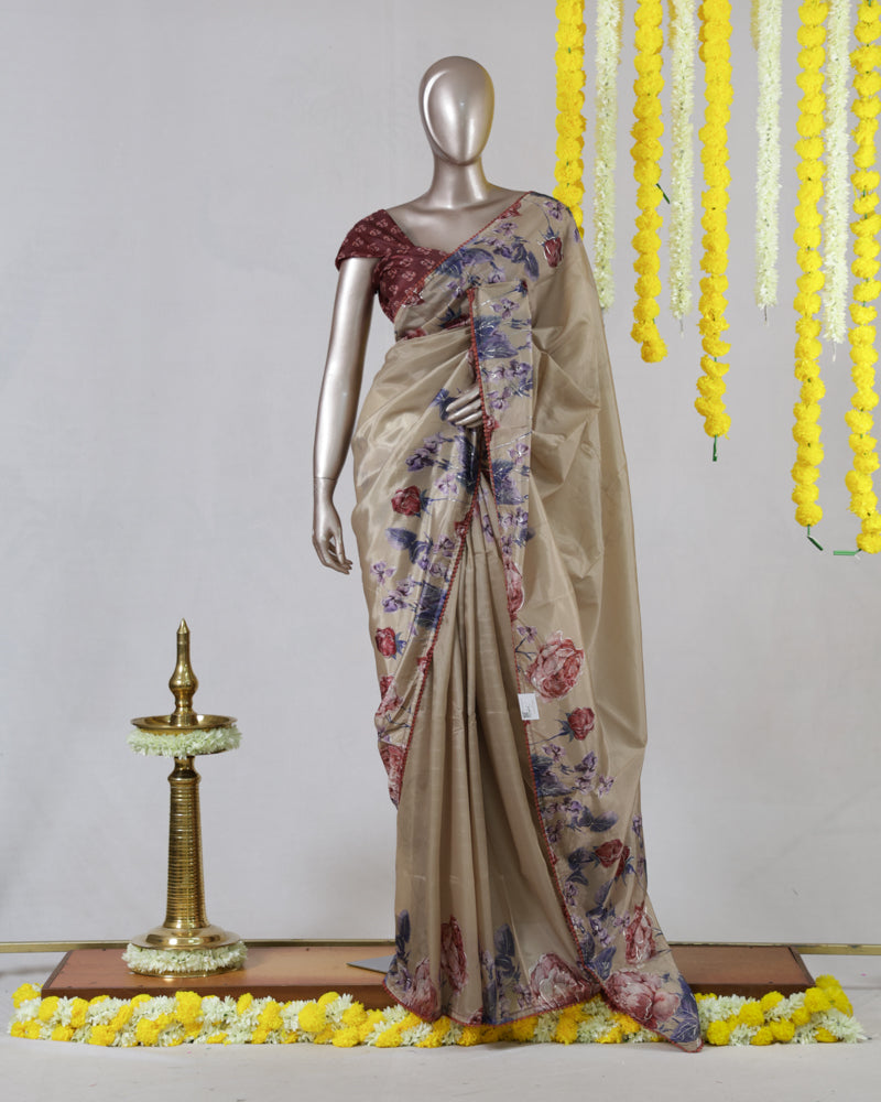 Premium Floral Embroidered Organza Onam Saree