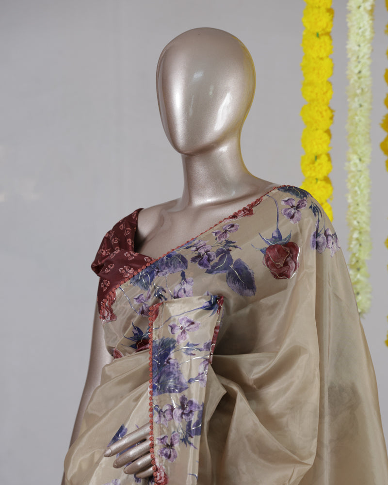 Premium Floral Embroidered Organza Onam Saree