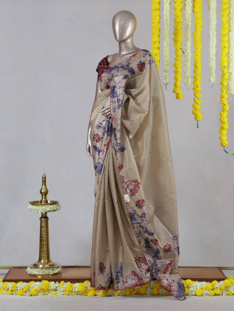 Premium Floral Embroidered Organza Onam Saree