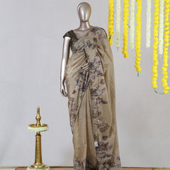 Beige Floral Paper Silk Saree