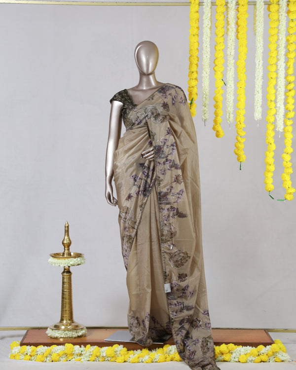 Beige Floral Paper Silk Saree
