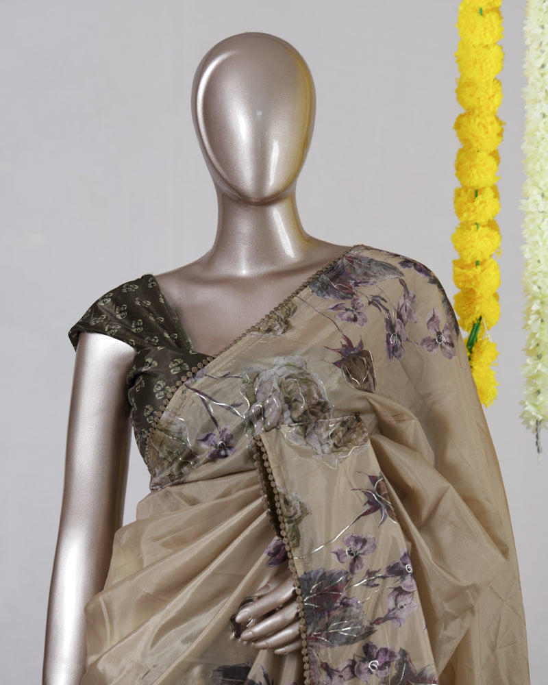 Beige Floral Paper Silk Saree