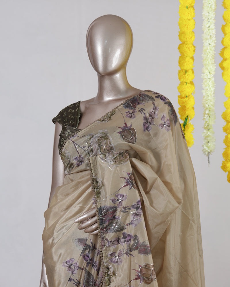 Beige Floral Paper Silk Saree