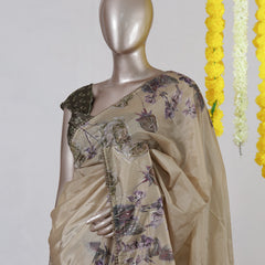 Beige Floral Paper Silk Saree