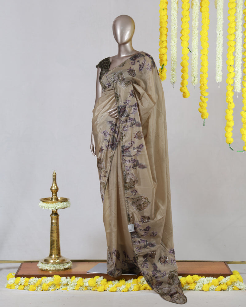 Beige Floral Paper Silk Saree