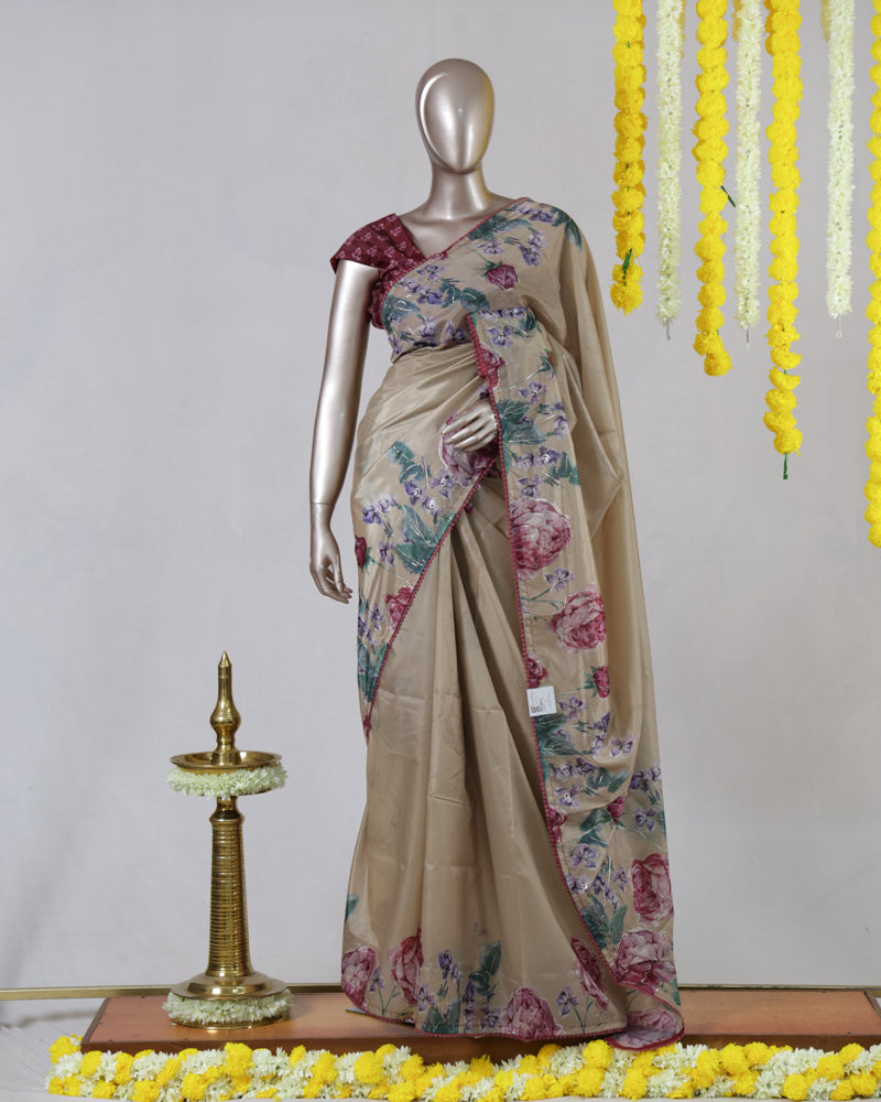 Beige Floral Printed Onam Saree