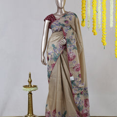 Beige Floral Printed Onam Saree