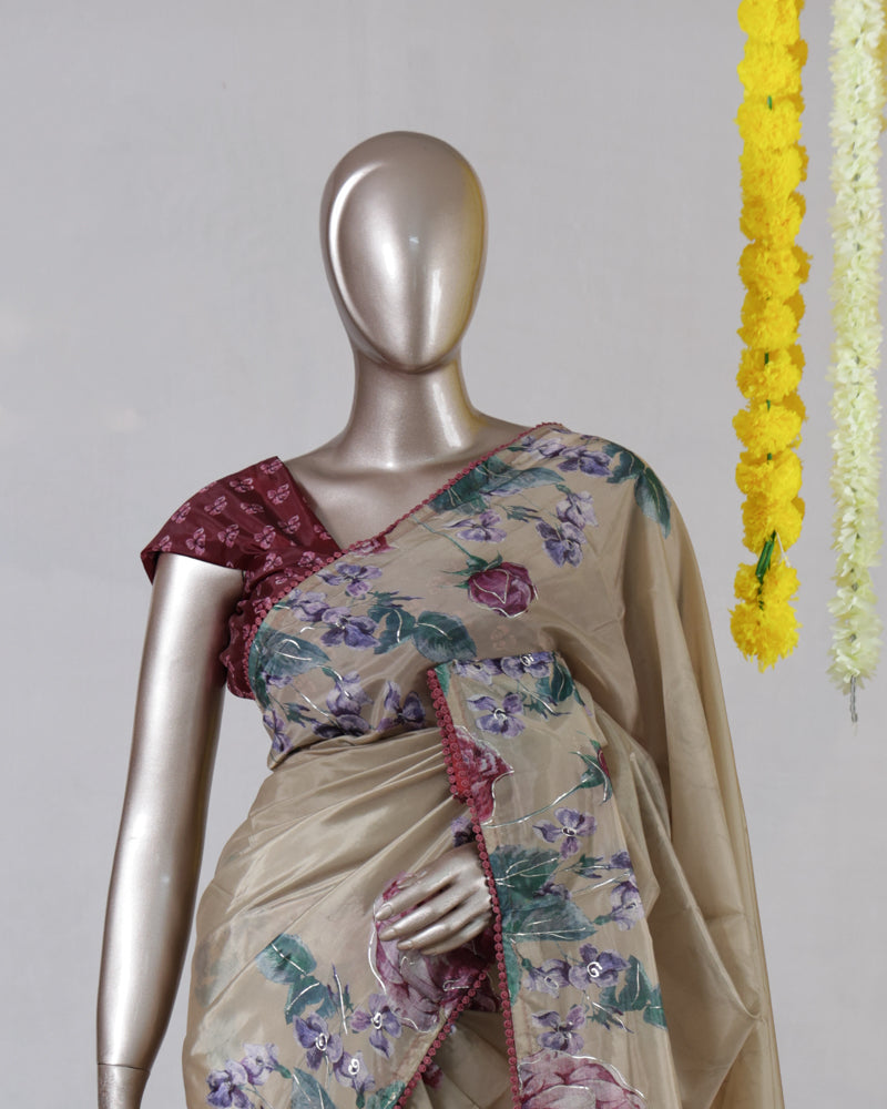 Beige Floral Printed Onam Saree