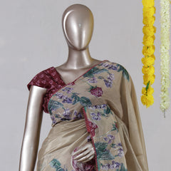 Beige Floral Printed Onam Saree
