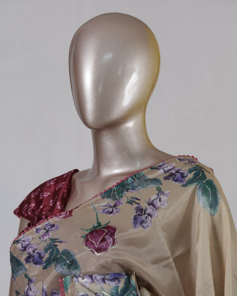 Beige Floral Printed Onam Saree