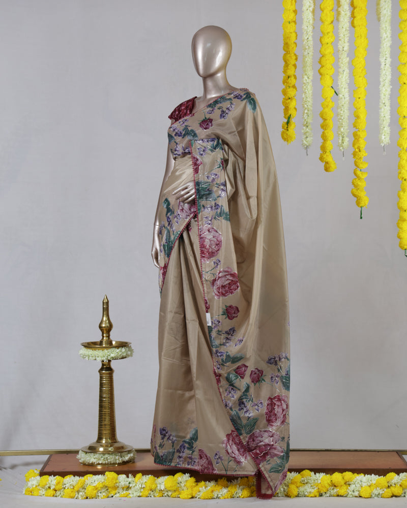 Beige Floral Printed Onam Saree