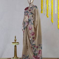 Beige Floral Printed Onam Saree