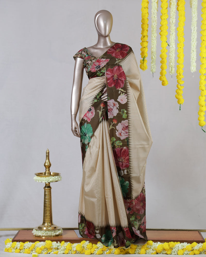 Ivory Floral Border Festive Saree