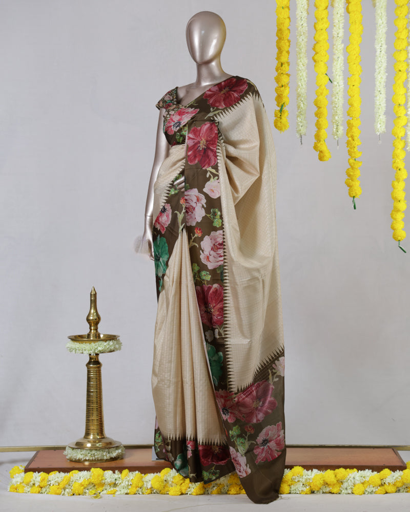 Ivory Floral Border Festive Saree