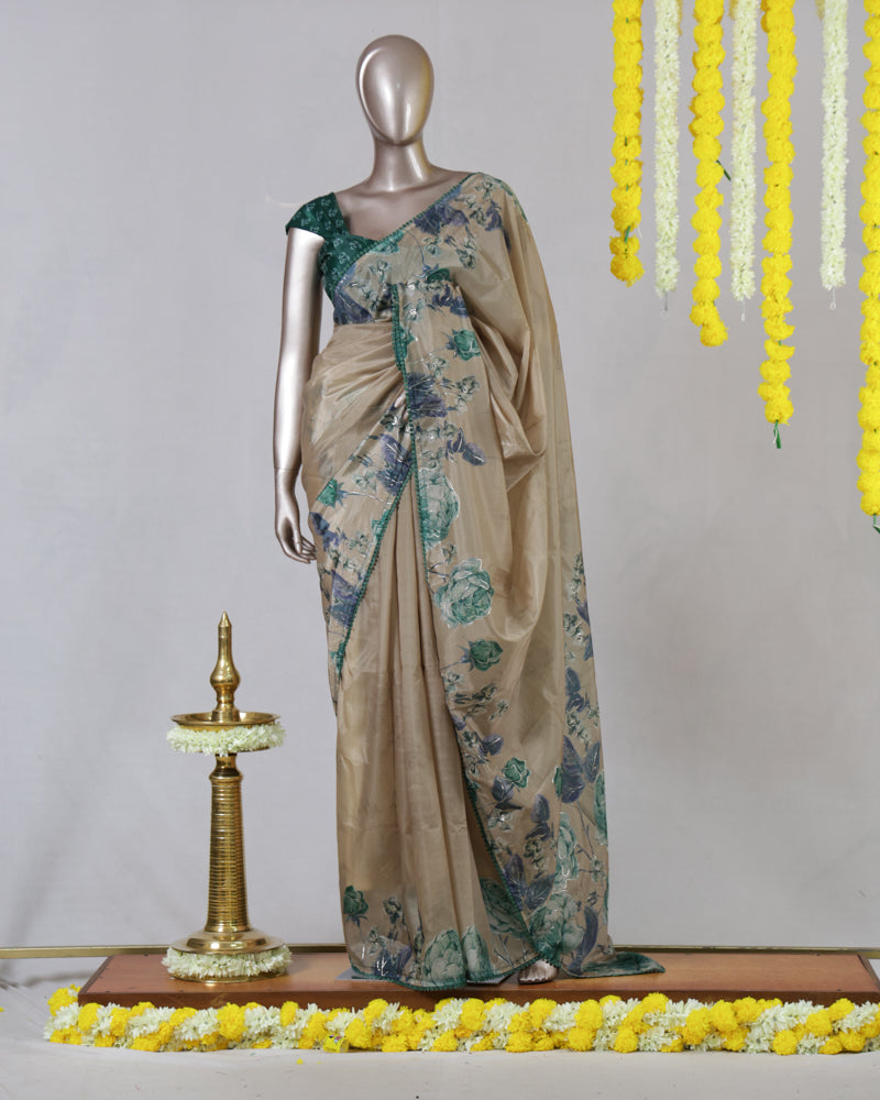 Ivory Floral Border Paper Silk Saree