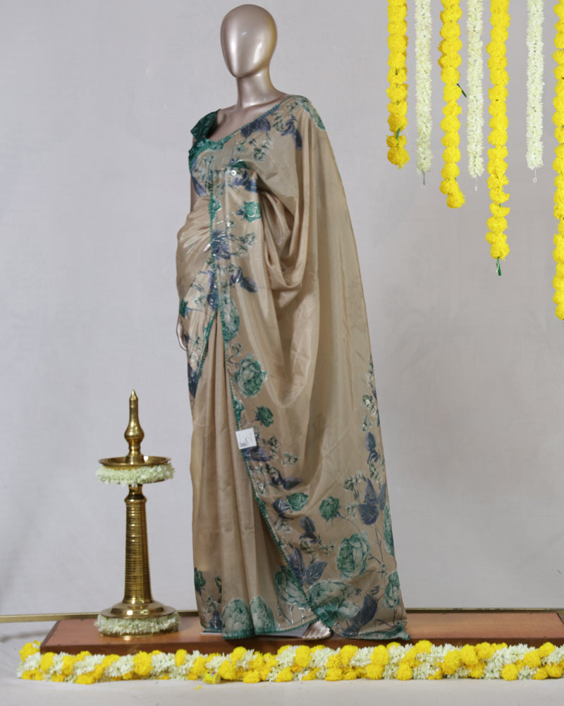 Ivory Floral Border Paper Silk Saree
