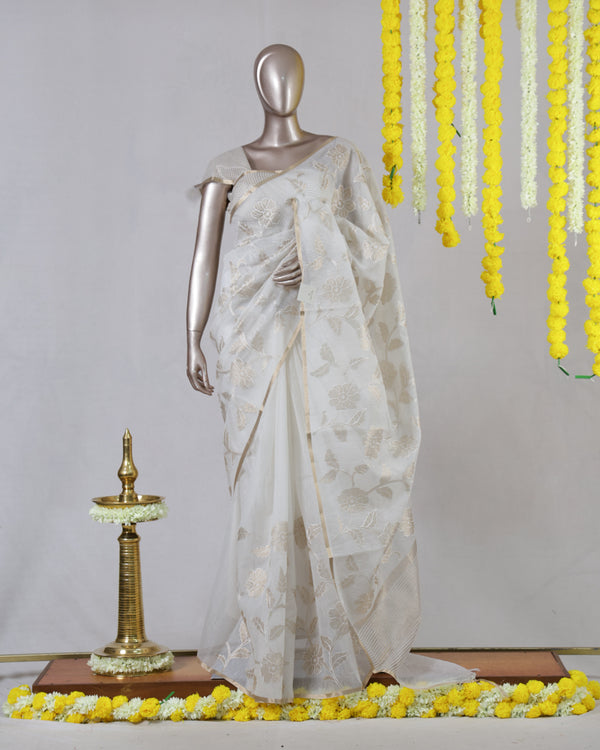 Ivory Floral Appliqué Organza Onam Saree