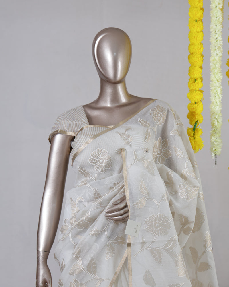 Ivory Floral Appliqué Organza Onam Saree