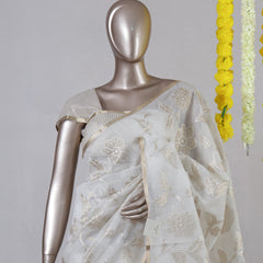Ivory Floral Appliqué Organza Onam Saree