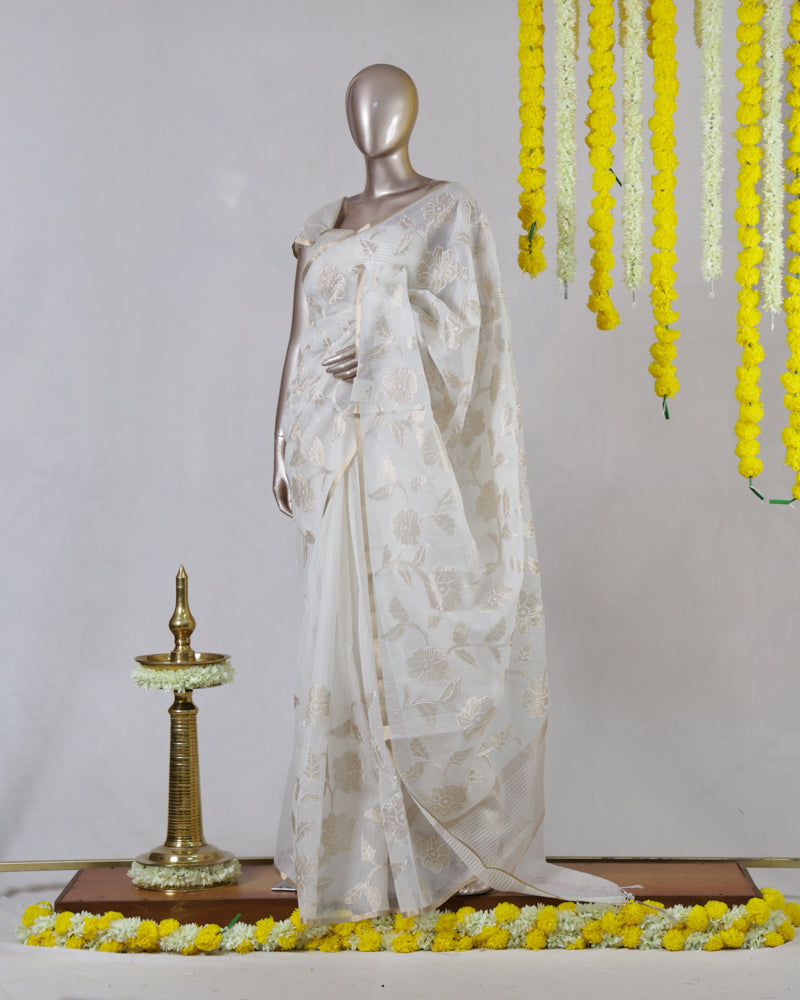 Ivory Floral Appliqué Organza Onam Saree