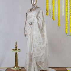 Ivory Floral Appliqué Organza Onam Saree