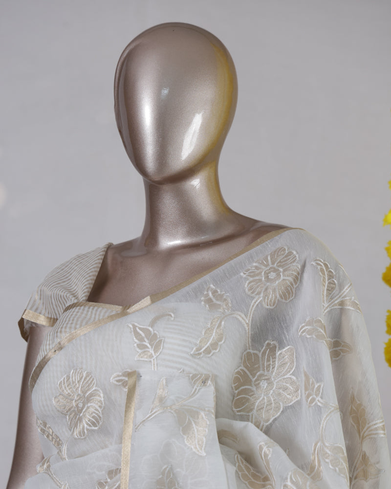 Ivory Floral Appliqué Organza Onam Saree