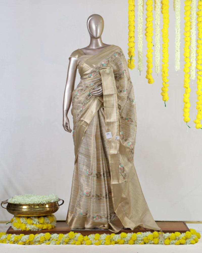 Golden Beige Chanderi Tissue Embroidered Onam Saree