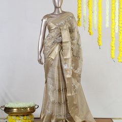 Golden Beige Chanderi Tissue Embroidered Onam Saree
