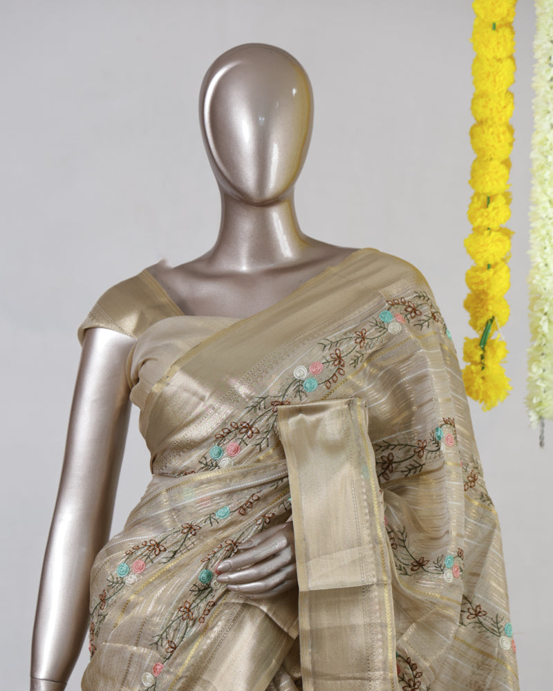 Golden Beige Chanderi Tissue Embroidered Onam Saree