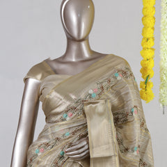 Golden Beige Chanderi Tissue Embroidered Onam Saree