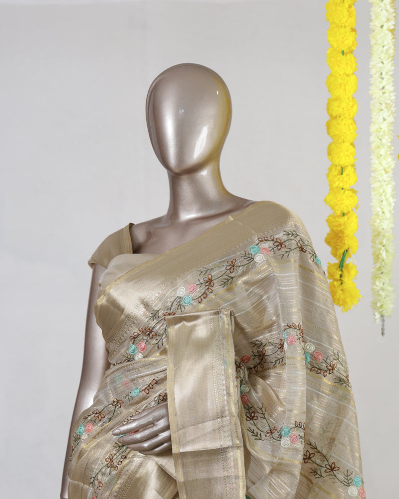 Golden Beige Chanderi Tissue Embroidered Onam Saree
