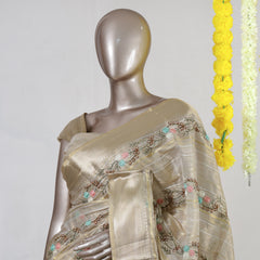 Golden Beige Chanderi Tissue Embroidered Onam Saree