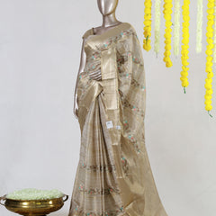 Golden Beige Chanderi Tissue Embroidered Onam Saree